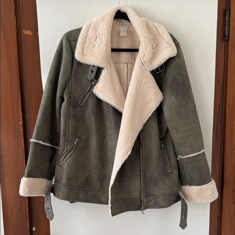 Design History Olive Teddy Jacket with Cream Accents